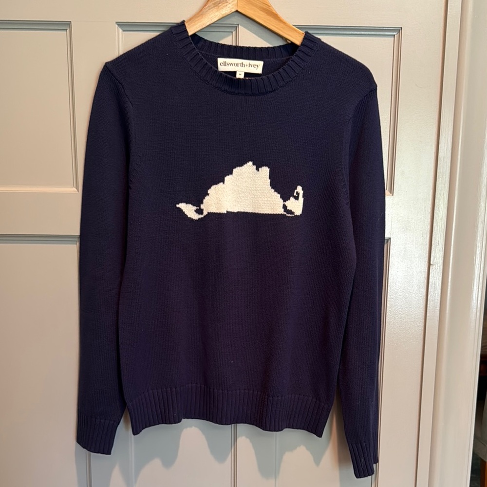 Blue and White Crew Neck Sweater with Martha’s Vineyard Island Design